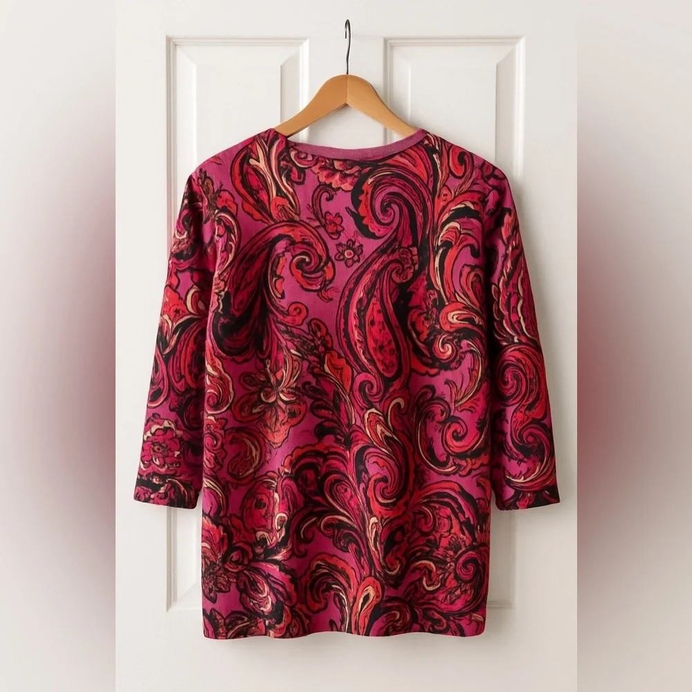 Berry Paisley 3/4 Sleeve Cardigan - Artsy Art to Wear Vibe V neck EUC L #702